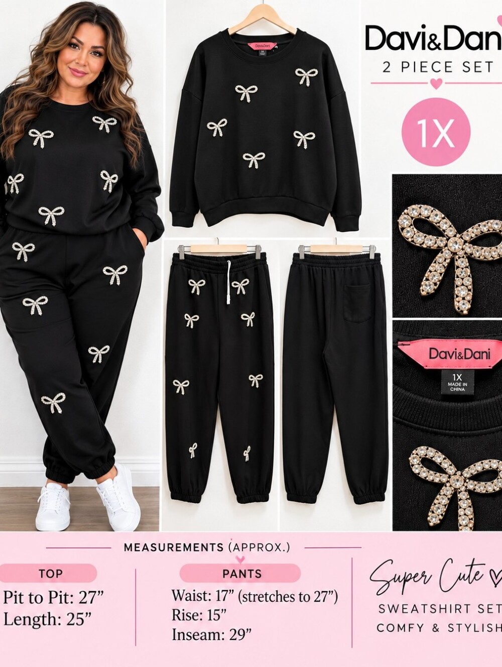 Davi & Dani Black Rhinestone Embellished Scuba Knit Sweatshirt & Jogger Set – 1X
